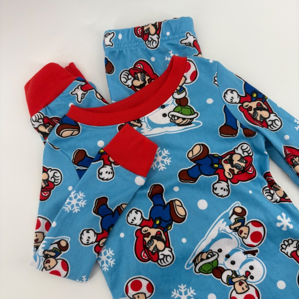 Super Mario Bros Pajamas‎ Set Size 4T Toddler Kids Snowman Nintendo Soft